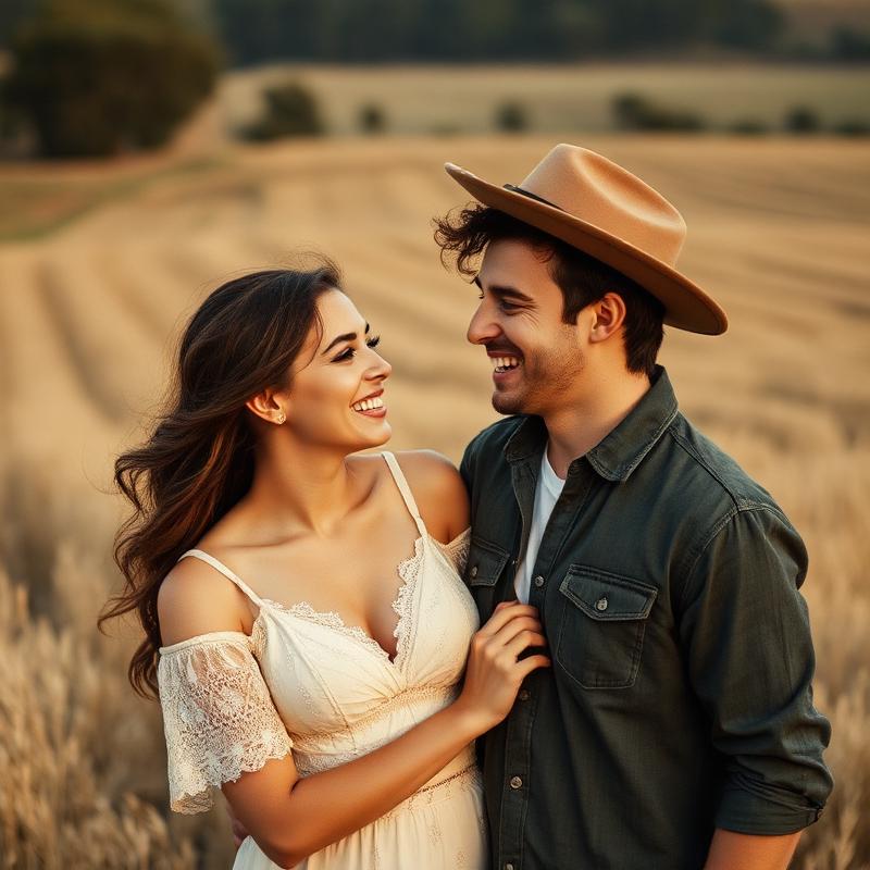 O casal rindo junto em um campo ao entardecer
