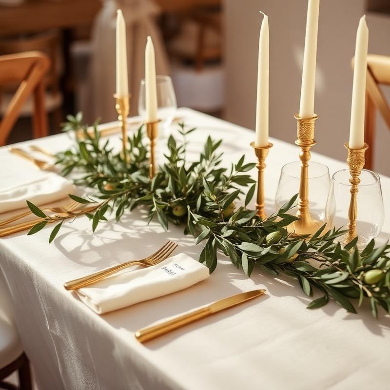 Mesa posta com ramos de oliveira e velas douradas